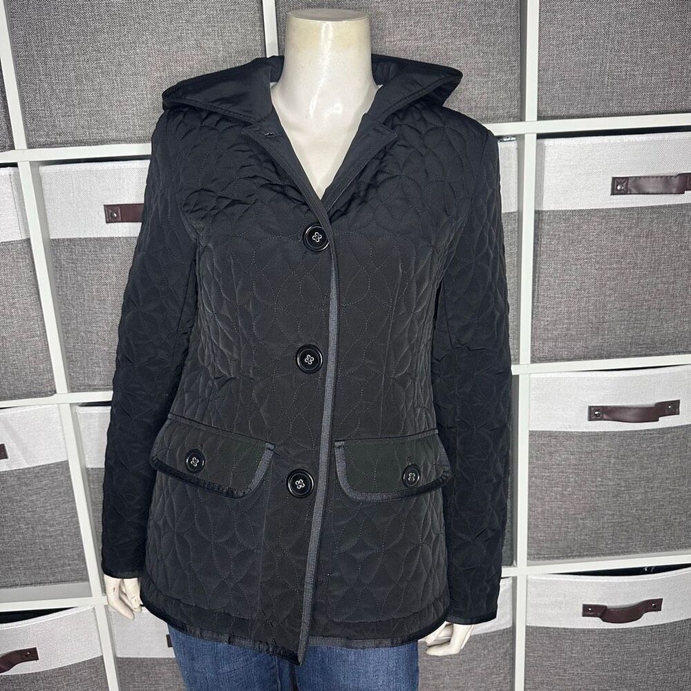 Esprit Black Quilted Button Front Hooded Jacket Size Small